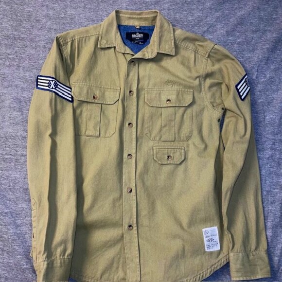 10 Deep Shirt Mens Medium M Olive Shooting Hunting Button Up Tactical Army Patch - Picture 1 of 11